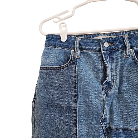 Y2K Vintage Pacsun Patchwork Denim Mini Skirt Blue Cotton Raw Hem Size 25 - Picture 5 of 11